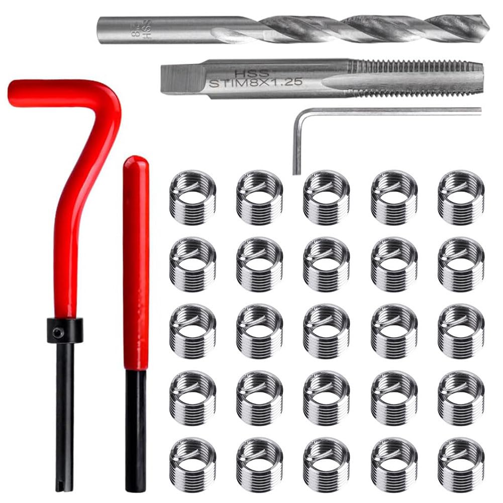 Teocpai 30 PCS Thread Repair Kit M8 Thread Repair Tool Thread Insert Threaded Helicoil Kit