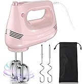 GUALIU Electric Hand Mixer with Stainless Steel Whisk, Dough Hook Attachment and Storage Bag, Handheld Mixer for Baking Cakes, Eggs, Cream Food Mixers. Turbo Boost /5 Speed Kitchen Blender PINK