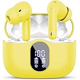 Wireless Earbuds, Bluetooth 5.4 Headphones Bass Stereo, Ear Buds with Noise Cancelling Mic LED Display, IP7 Waterproof in Ear Earphones, 36H Playtime for Laptop Pad Phones Sports Workout, Yellow