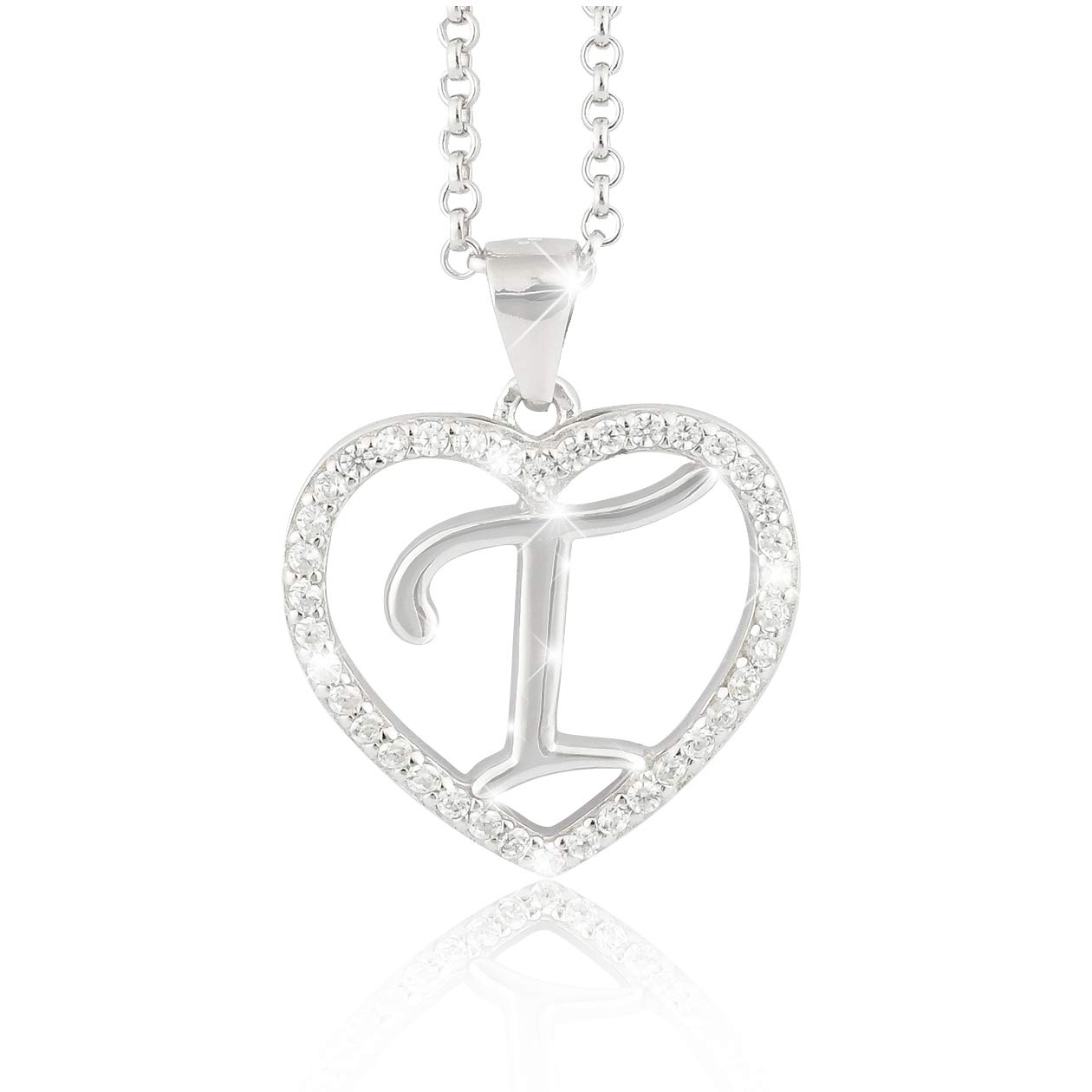 PAVEL´S Necklace chain with letter T pendant made of genuine 925 sterling silver rhodium plated in heart shape surrounded by numerous zirconia stones packed in a highquality jewellery box with