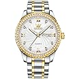 Men's Casual Stainless Steel Watch, Big Face Easy to Read Analog Quartz Watch with Day and Date, Classic Waterproof Diamond Roman Arabic Numerals Dial Dress Watch for Men, Gold Silver Black Band