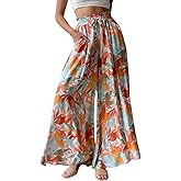 YOCUR Women Summer Beach Vacation Pants High Waisted Wide Leg Pants Printed Loose Flowy Casual Palazzo Lounge Trousers