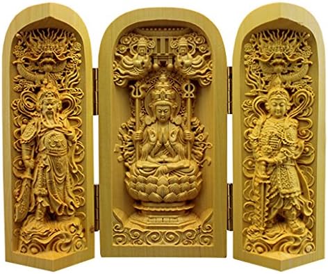 QHYT Buddha Statue Carving Locker Box, Avalokitesvara, RoderickWhitfield and Sangharama Sculpture Decoration Made of Boxwood, Golden