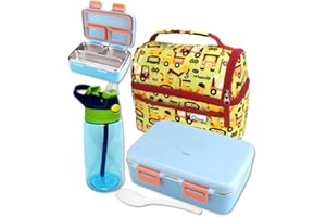 kinsho Stainless Steel Bento Box for Toddler Boys, Insulated Lunch Bag and Water Bottle Set for Toddlers. Snack Container for Small Kids, Baby Daycare or Pre-School Lunches, Blue Yellow Trucks