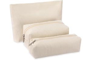 Huhumy 3 Pcs Makeup Bag Set for Women Corduroy Cosmetic Pouch Aesthetic Smile Travel Toiletry Bag Cute Purse Pouch Pencil Case Makeup Brushes Storage Organizer with Zipper(White,Solid Style)