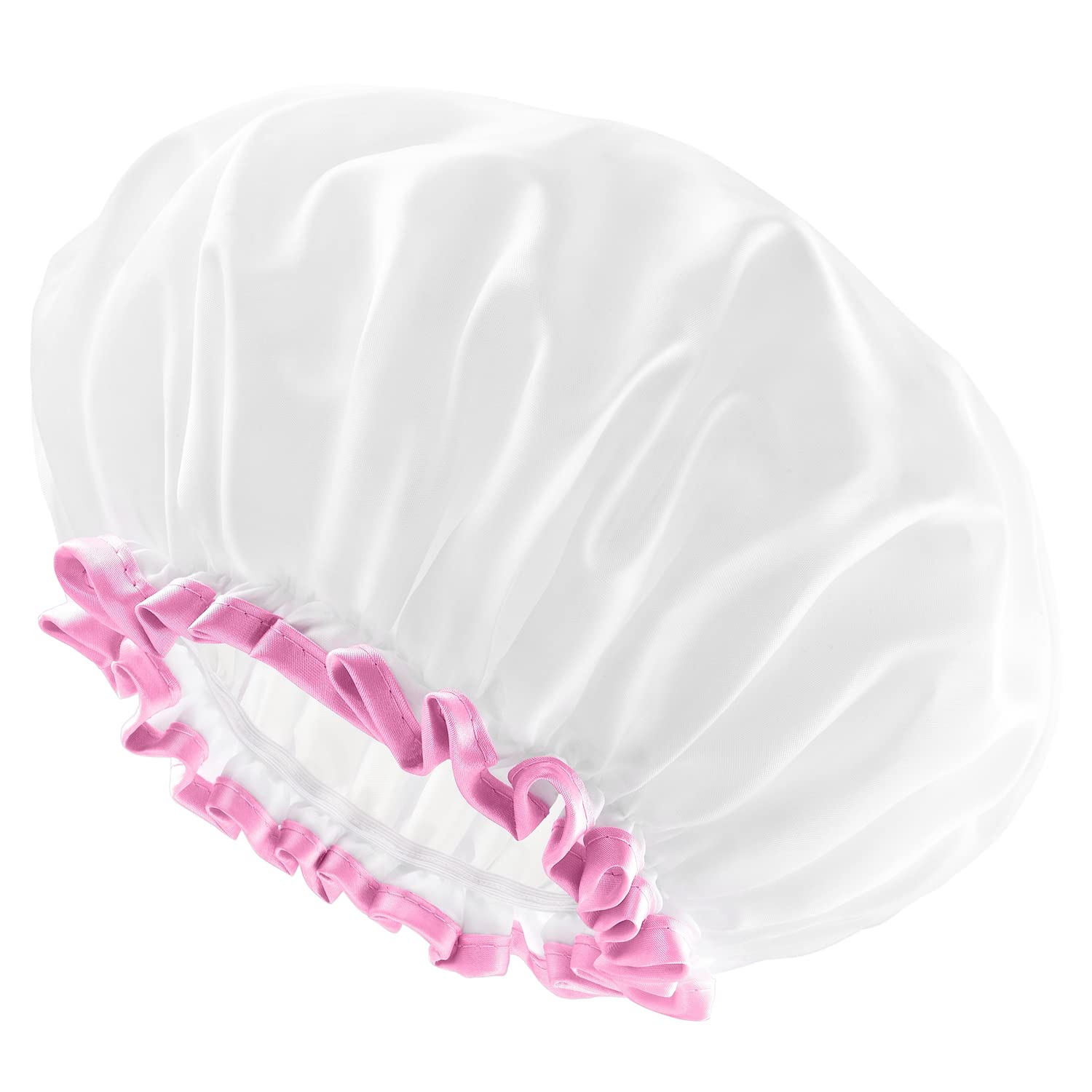 Photo 1 of mikimini White Large Shower Caps for Women Long Hair Pack of 2, Reusable Waterproof Double Layers Bathing Hair Cap Soft Comfortable PEVA Lining, Cute, Non-fading & Stretchy Shower Hat X-Large