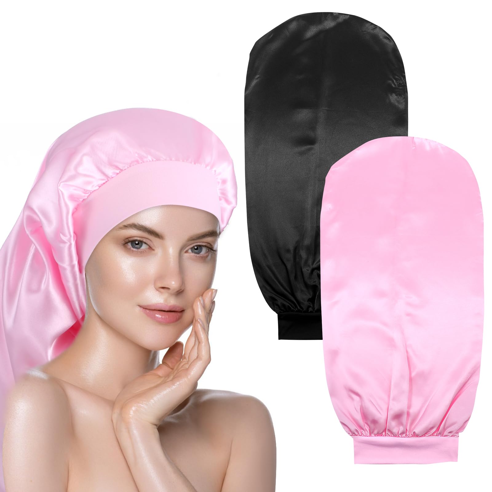 2 Pcs Long Satin Sleep Bonnet for Women, Long Dreadlocks and Braids Hair Bonnets Sleeping Cap for Curly Hair, Hair Care Caps(Black, Pink)