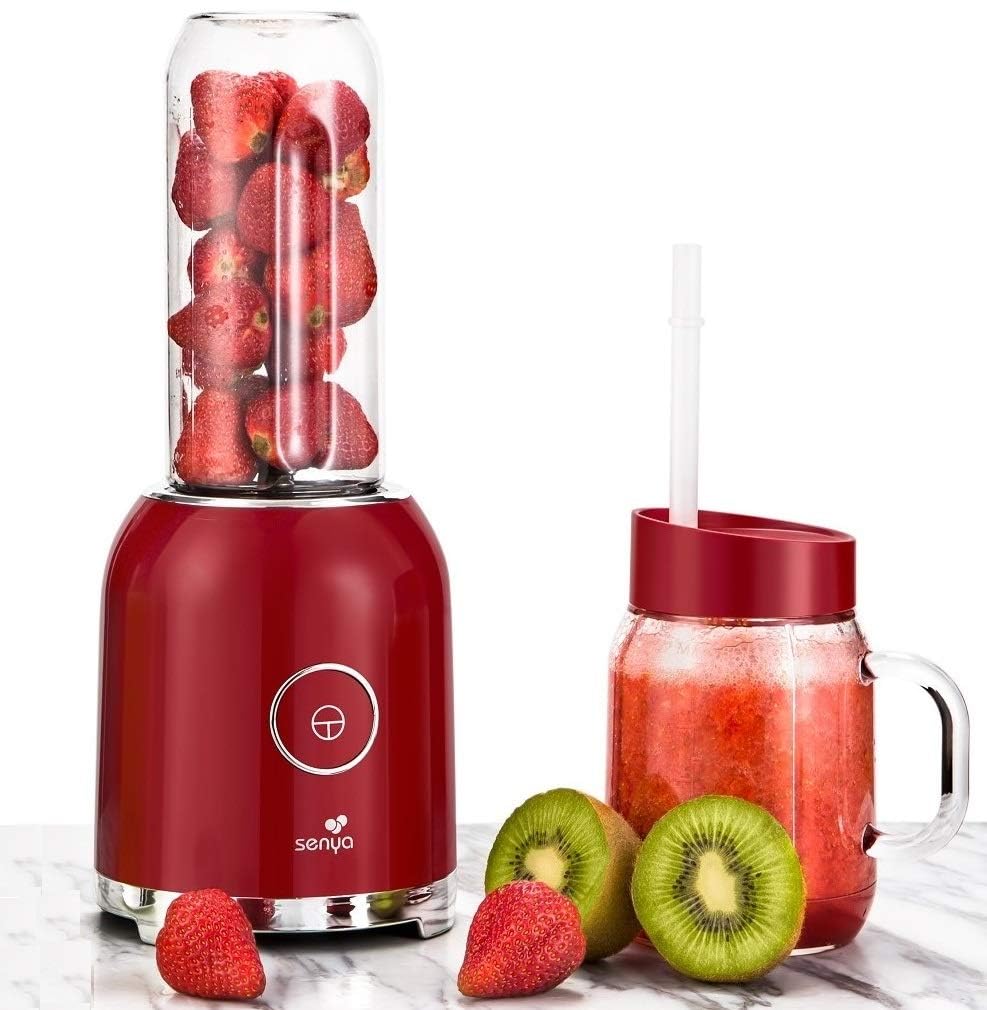 Senya Blender Smoothie Portable Avec 2 Bouteilles Rouge, Juicy Delight 250W, 6 Lames En Inox, Mixeur Smoothie, Sans Bpa, Sycp-M025