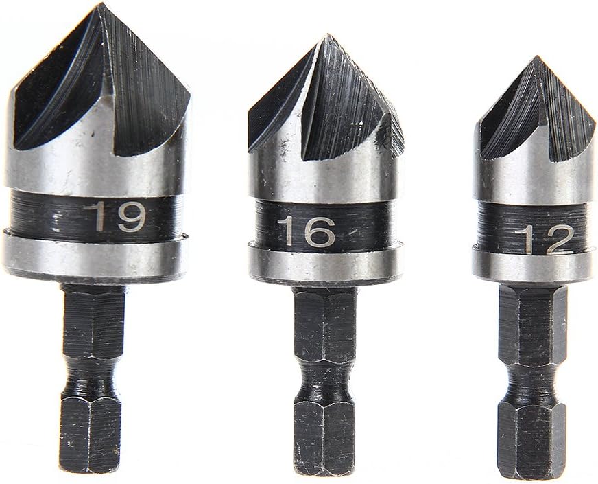 Everpert 3PC1/4 Hex 5Flute 12-19mm Countersink Drill Bit for Wood Metal Quick Change