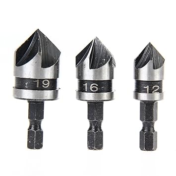 Generic 3PCS 5 Flute Chamfer Countersink 1/4" Hex Shank HSS 90 Degree Wood Chamfering Cutter Chamfer 12mm-19mm Countersink Drill Bit