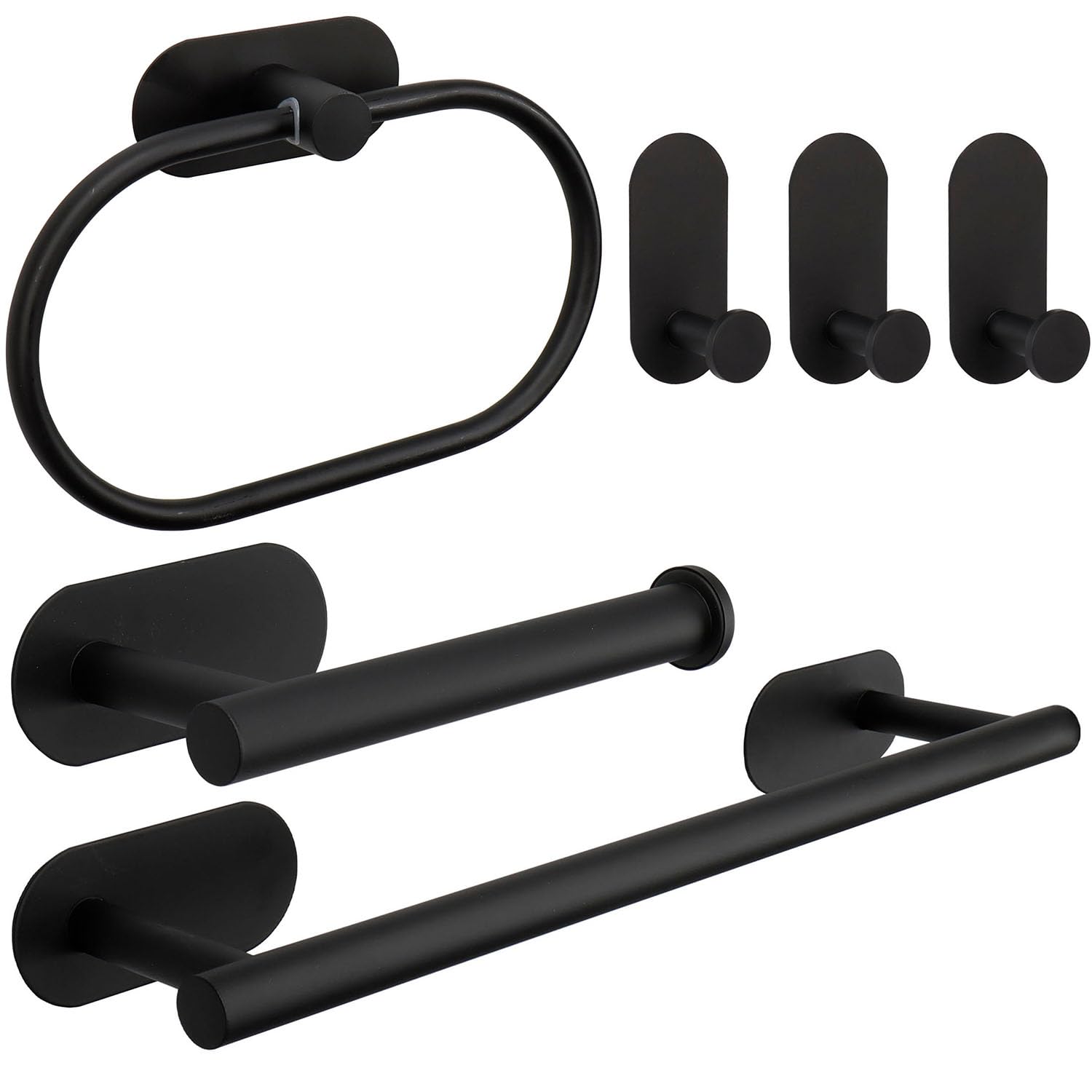 Photo 1 of TocTen 6 Pieces Self Adhesive Towel Bar Set, Stainless Steel Bathroom Hardware Set Include Towel Rack, Towel Ring, Toilet Paper Holder, 3 Packs Towel Hook, No Drill Bath Accessory Kit(Matte Black)