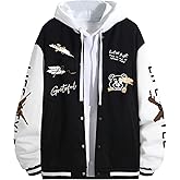 SHENHE Men's Slogan Graphic Button Down Varsity Jacket Baseball Bomber Jackets