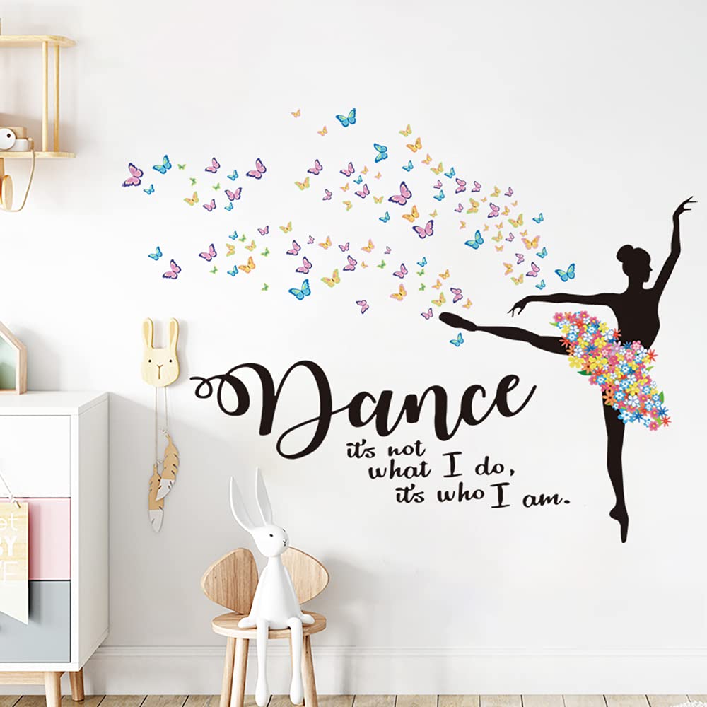 Runtoo Ballet Dancing Girl Wall Art Decals Butterfly Flower Inspirational Quotes Wall Stickers Girls Bedroom Ballerina Wall Decor