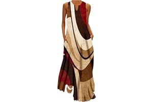HUNENY Summer V Neck Pockets Sleeveless Floor Length Dresses for Women Maxi Casual Loose Printed Tank Dress for Women
