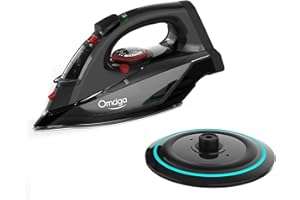 OMAIGA Cordless Iron for Clothes, 1500W Steam Iron Rapid Heating, Ceramic Soleplate, Auto Shut Off, Self-Clean, Anti-Calc, 3 Temperature Settings, 12.85oz Water Tank Ironing Clothes for Home, Black