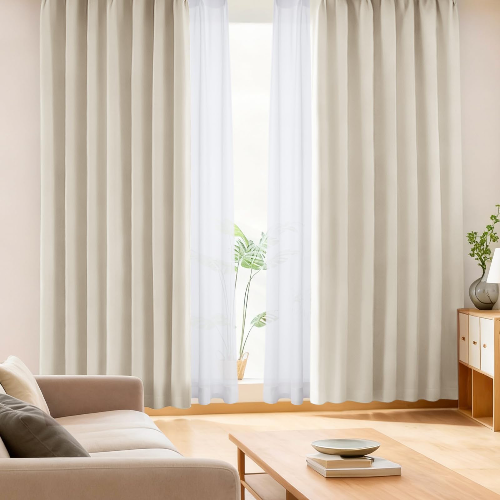 AIFY カーテン 4枚セット 1級 遮光 小窓 ドレープカーテン UVカット 形態記憶加工済み 断熱 節電対策 昼夜目隠し 保温 おしゃれ 洗える 洗濯機対応 (カーテン2枚 レース2枚) 幅100cm x 丈178 cm ベージュ商品画像