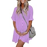 PYGFEMR Women's Short Sleeve Babydoll Dress Button Down Dresses with Pockets