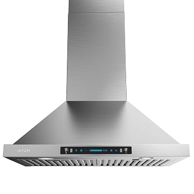 IKTCH 30-inch Wall Mount Range Hood 900 CFM Ducted/Ductless Convertible, Kitchen Chimney Vent Stainless Steel with Gesture Sensing & Touch Control Switch Panel, 2 Pcs Adjustable Lights(IKP02-30'')