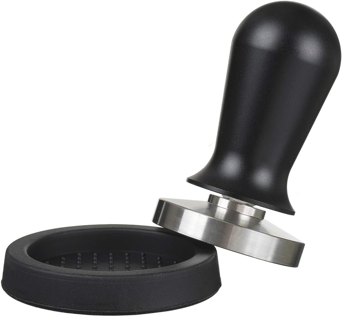 scarlet espresso perfetto tamper for barista; calibrated to 40 lbs contact pressure; with ergonomic, black anodised aluminium handle and precision made stainless steel base; heavy design Set 49MM+Puck