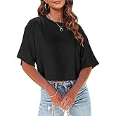 Tankaneo Women Half Sleeve Cropped T-Shirts Drop Shoulder Round Neck Crop Tops Casual Summer Solid Color Basic Tees