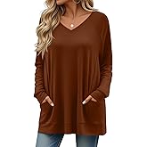 Velvelhall Women's Tunic Tops for Leggings Cotton Long Sleeve Shirts with Pockets Loose V Neck Raglan Sleeve Casual Tops(Caramel,Large)