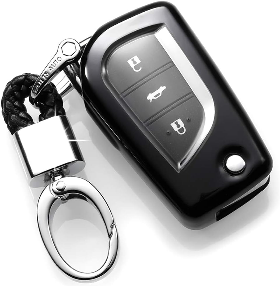 Premium Soft TPU Car Key Case Shell Full Cover with Key Chain for Toyota Camry 4-Runner RAV4 Highlander Yaris 2 3 4 Buttons (BLACK)