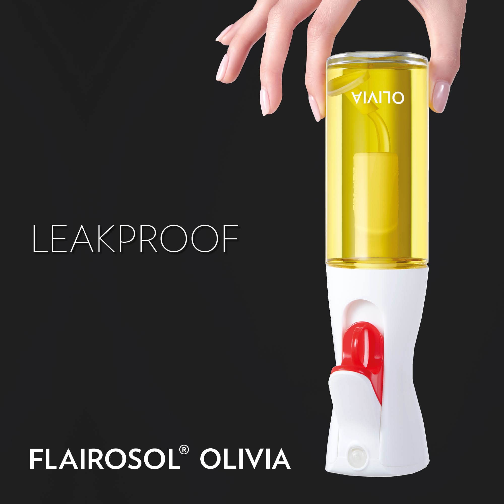 FLAIROSOL OLIVIA. The Original Advanced Oil Sprayer for Cooking, Kitchen, Salads, BBQs, Continuous Spray with Portion Control, 130ml Glass Olive Oil Sprayer(White Print)
