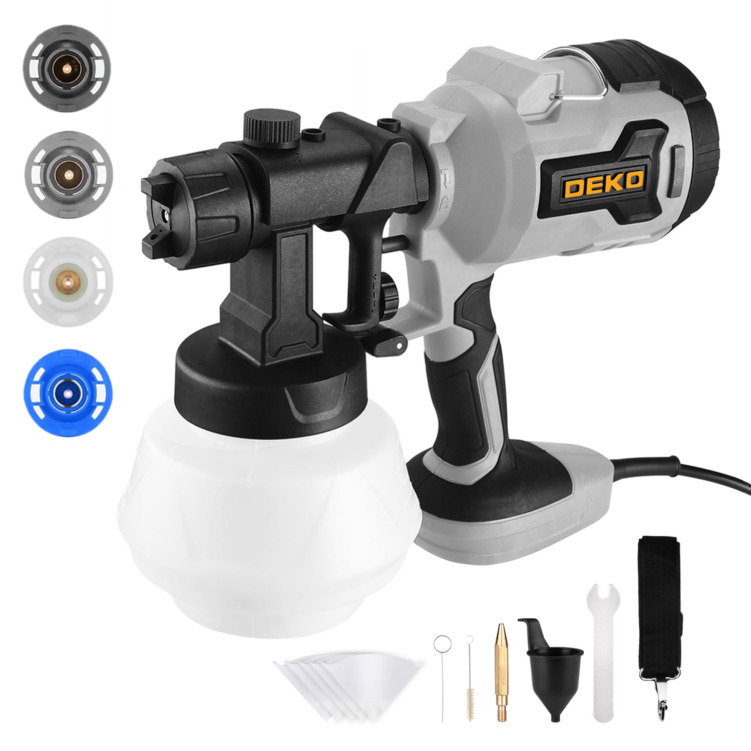 Photo 1 of Electric Paint Sprayer HVLP 700W: DEKOPRO Spray Paint Gun for House Painting Furniture Cabinets Fence Walls Door Garden Chairs, 4 Nozzles and 3 Patterns 800ml Container Gray