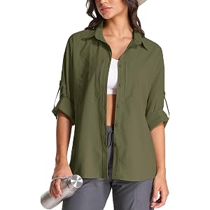 Womens UPF 50 Long Sleeve Sun Shirt Safari Hiking Quick Dry UV Protection Button Up Travel Shirt for Fishing Gardening Africa