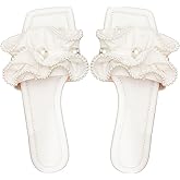 Verdusa Women's Ruffle Pearl Sandals Wedding Square Toe Slip on Slides Summer Slippers