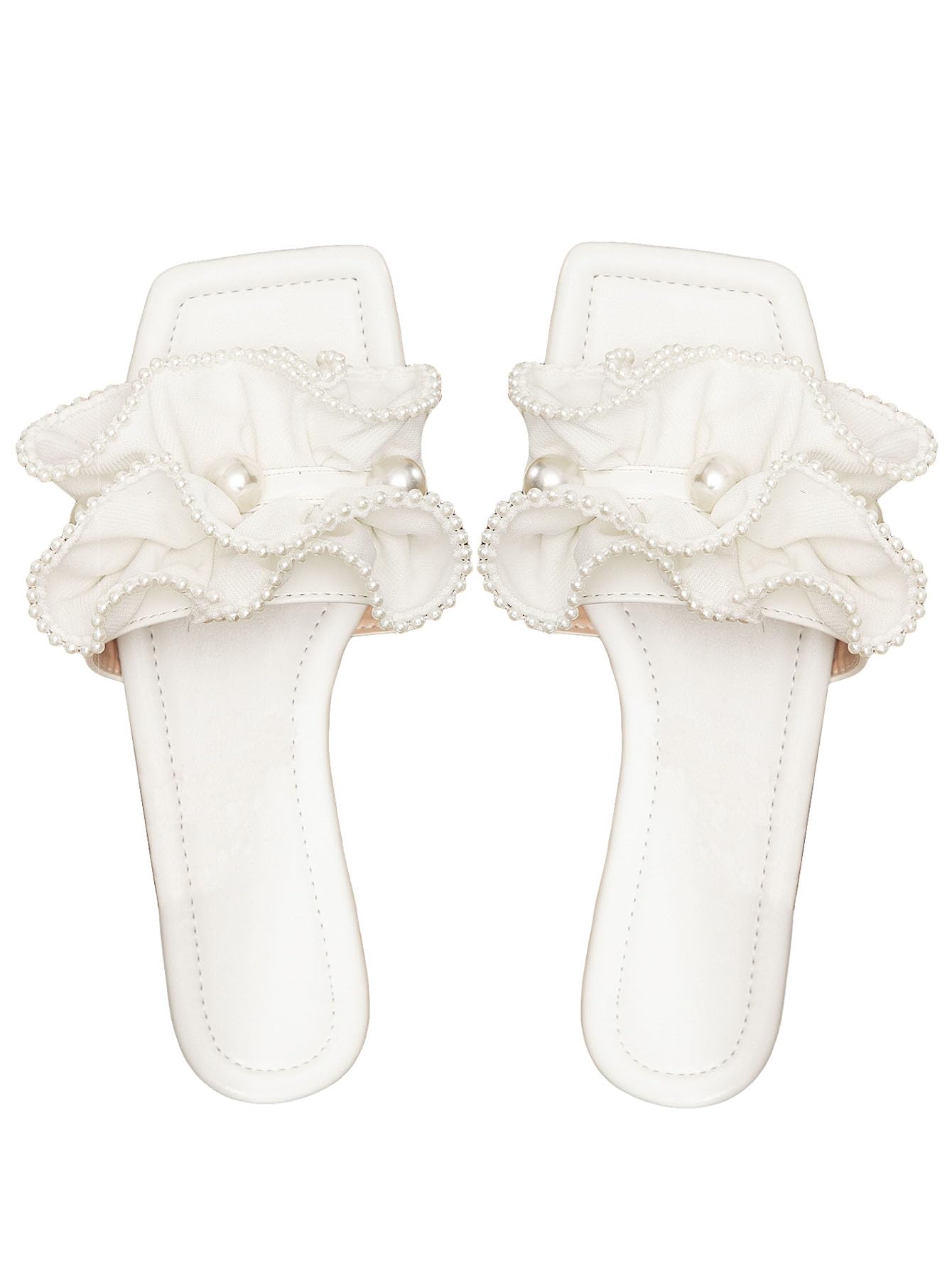 Photo 1 of Verdusa Women's Ruffle Pearl Sandals Wedding Square Toe Slip on Slides Summer Slippers White 9
