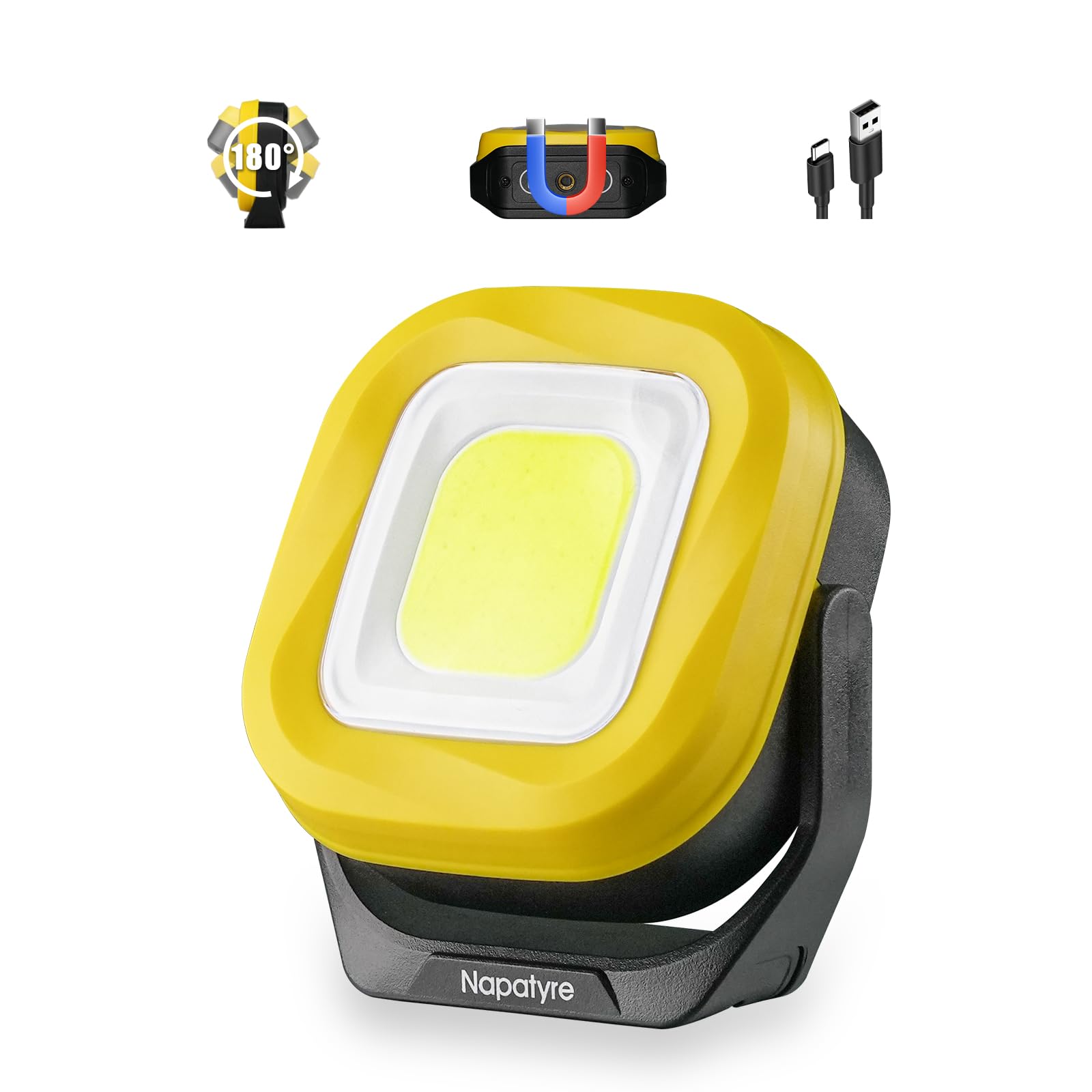 Napatyre Rechargeable Work Light, 1000LM LED Work Light with Magnetic Holder, 180° Rotate COB Floodlight 3 Modes Portable Outdoor Camping Light for Garage Camping Hiking Fishing (1 Pack)