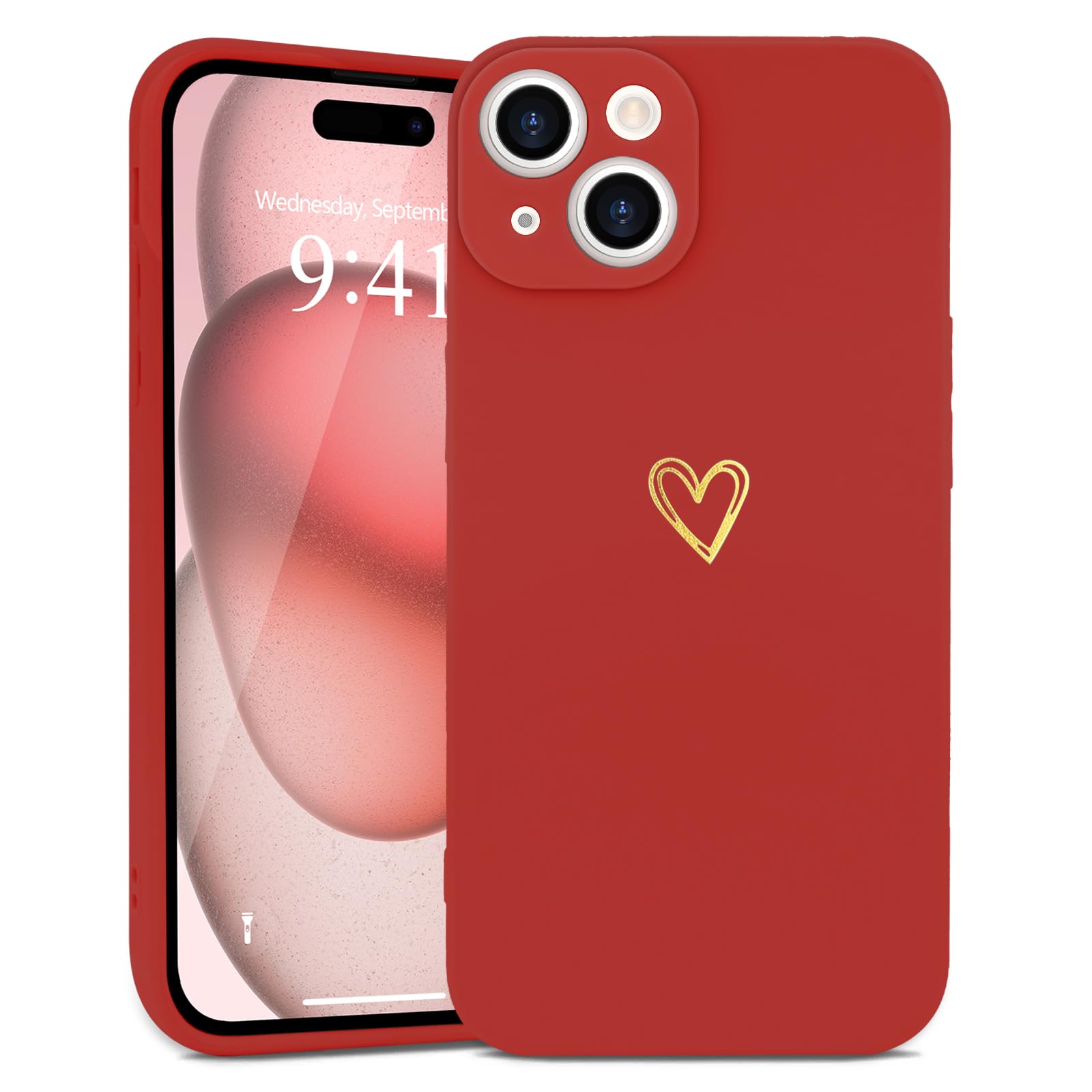 Wirvyuer for iPhone 15 Plus Case Cute Heart Pattern Soft Shockproof Protective Silicone Phone Case for Women Girls, Bright Red — image 1