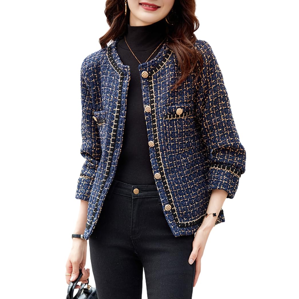 Chouyatou Women's Elegant Open Front Tweed Jacket Slim Collarless Bussiness Casual Blazer Jacket