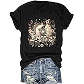Boho Tops for Women Mystic Moon and Sun Wildflowers T-Shirt Celestial Tees Spiritual Astrology Shirt