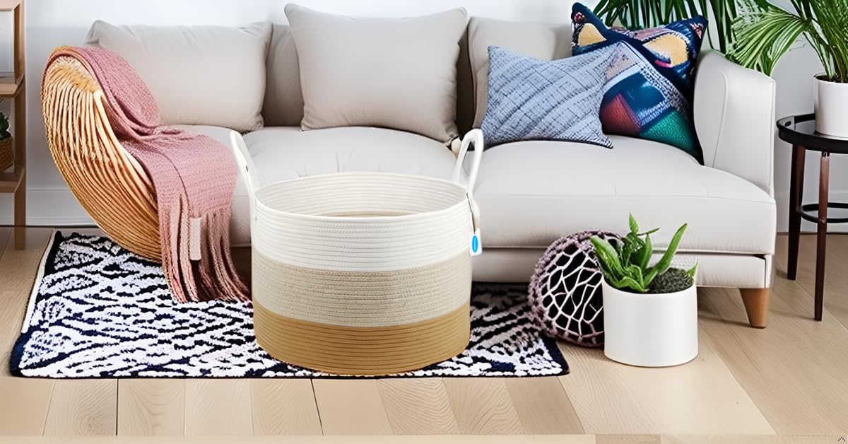 Blanket Basket, Storage Basket, Laundry Basket, 20”*20”*13”, Blanket Basket, Cotton Rope Basket, Laundry Hamper,Blanket Storage for Living Room (White & Gradient Brown