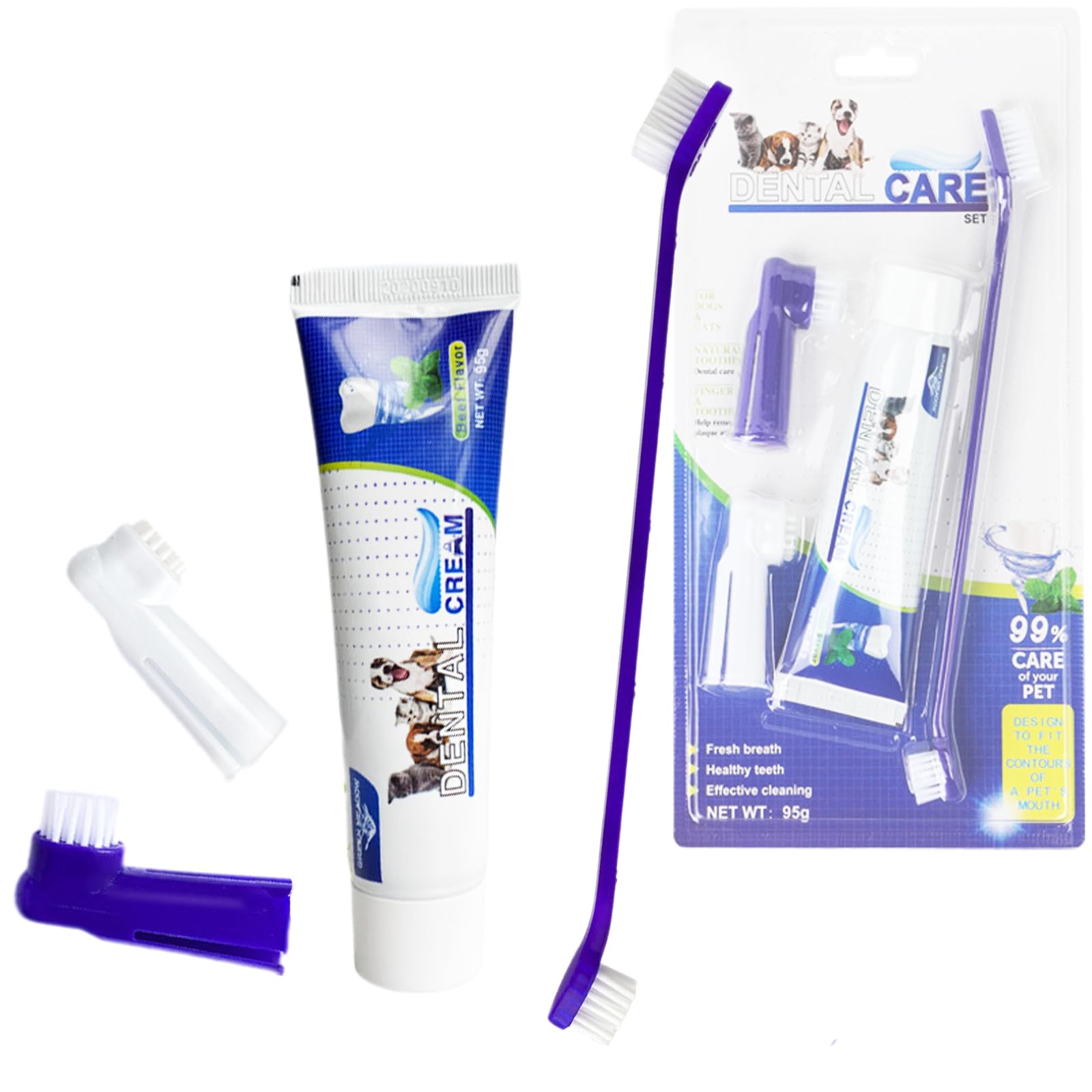 AIDIER 4pcs Pet Dental Care Kit Double-Ended Toothbrush Toothpaste for Dogs Cats Tooth Brushing Kit Finger Brushes Poultry Flavor Enzymatic Gum Toothpaste Reduces Plaque, Whiten Teeth, Freshen Breath