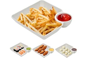 RUIBOLU 4 Pcs Chips and Salsa Serving Dish Plates, Veggie Platter Dipping Serving Trays with Sauce Rack for Buffet Family Party Appetizer Sushi Taco Salsa Charcuterie Barbecue Plate, Reusable (White 4PCS)