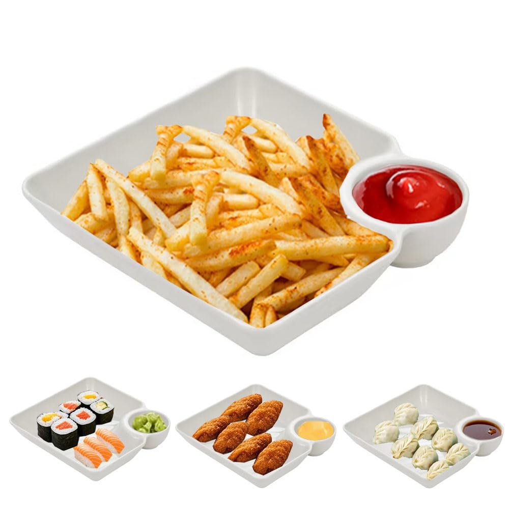 Photo 1 of 4 Pcs Chips and Salsa Serving Dish Plates, Veggie Platter Dipping Serving Trays with Sauce Rack for Buffet Family Party Appetizer Sushi Taco Salsa Charcuterie Barbecue Plate, Reusable (White 4PCS)