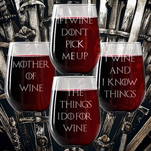 Wine Glasses Set of 4, Stemless Wine Glasses 17oz | Inspired by Game of Thrones | Engraved- Drinkware | Funny Novelty gifts for Men and Women - Made in USA. Includes free Wine Food Pairing Card