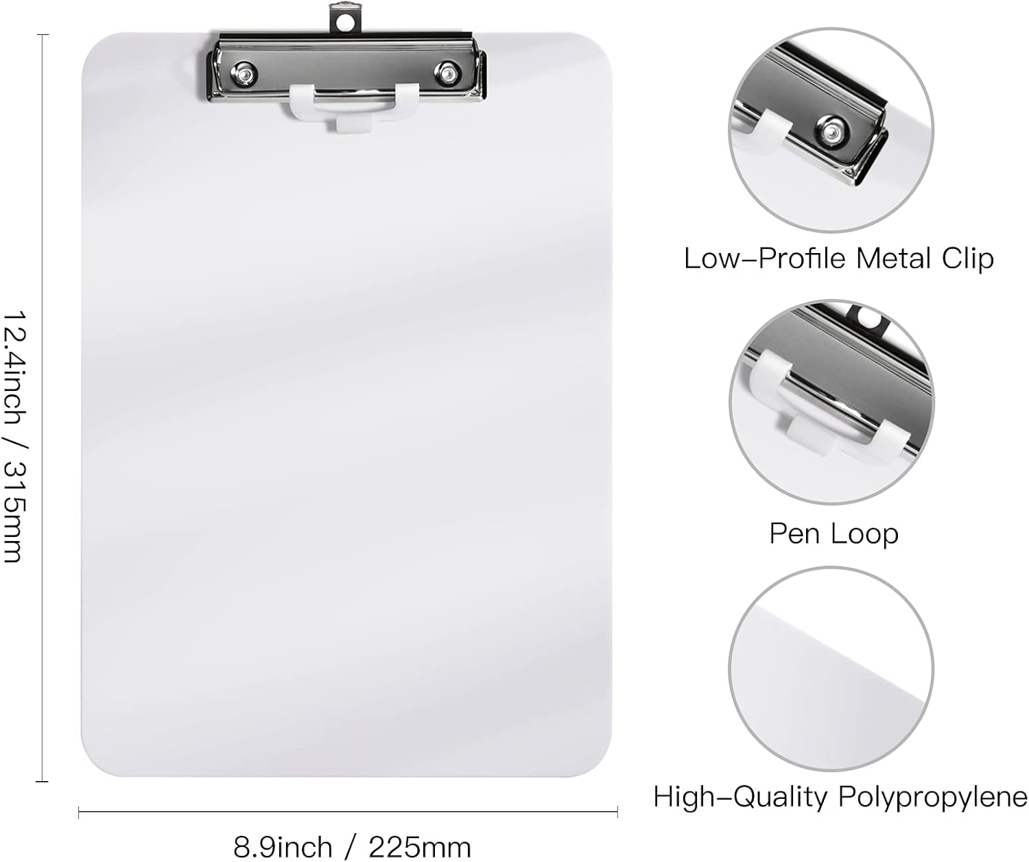 Hongri Plastic Clipboard, White Clipboard Standard A4 Letter Size Clipboards for Nurses, Students, Office and Women, Clipboard with Pen Holder and Low Profile Clip, Size 12.5 x 9 Inch, (White) : Office Products