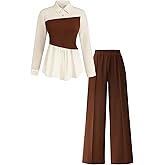 WDIRARA Women's Plus Size 2 Piece Outfits Color Block Button Down Shirt Wide Leg Pants Set