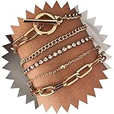 Andelaisi Boho Crystal Tennis Bracelet Layered Cuban Chain Bracelet Vintage Chunky Link Chain Bracelet Punk Paperclip Toggle Bar Bracelet Jewelry for Women