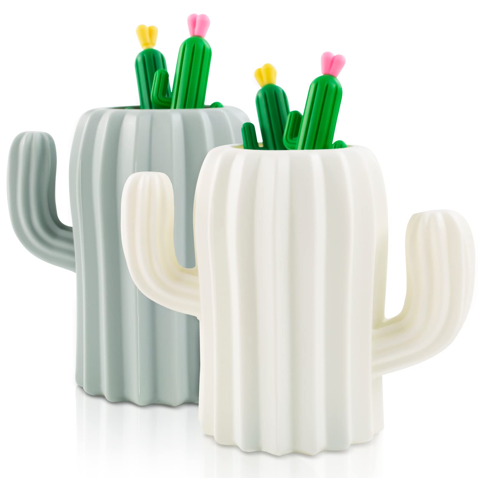 CIOUYAOS 2-in-1 Cactus Pen Holder with 4 Gel Pens, Cute Kawaii Desk Accessories Storage Box for Makeup Stationery Brush Holder