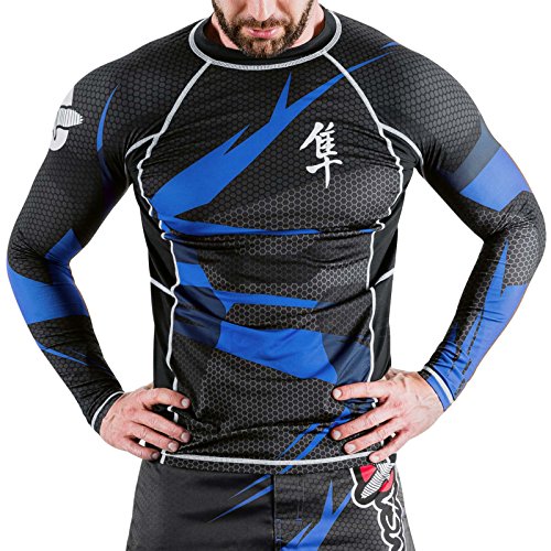 Hayabusa Metaru 47 Silver Rashguard Long Sleeve Shirt, Small, Black/Blue