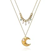 Xeyai Layered Moon Pendant Necklace for Women, Dainty 14K Gold Plated Charm Chocker Jewelry Gift for Her