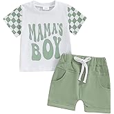 FOCUSNORM Toddler Boys Summer Outfits Mamas Boy Checkerboard Short Sleeve T-Shirts Tops and Elastic Waist Shorts Clothes Sets