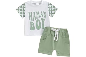 FOCUSNORM Toddler Boys Summer Outfits Mamas Boy Checkerboard Short Sleeve T-Shirts Tops and Elastic Waist Shorts Clothes Sets