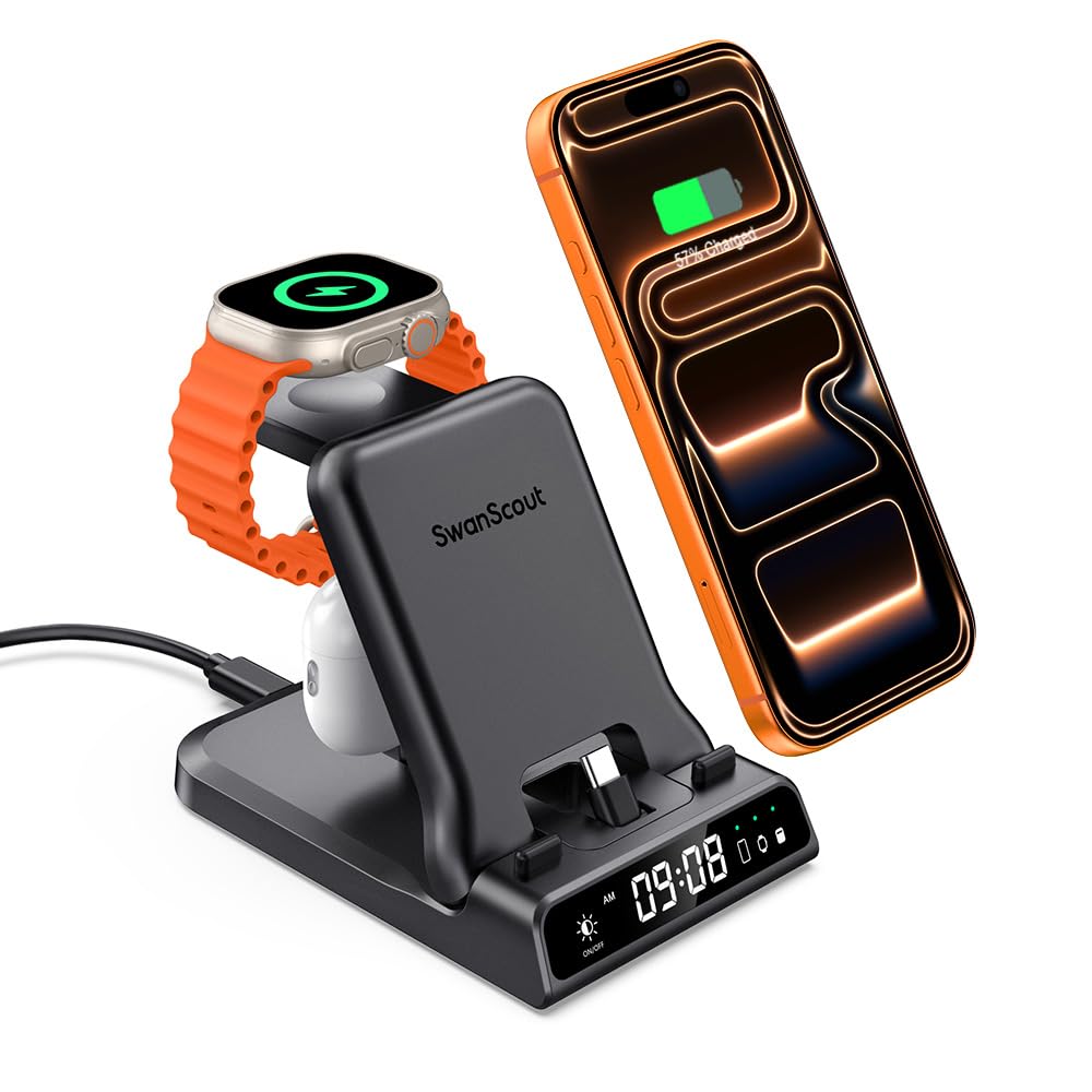 Photo 1 of SwanScout Fast Charging Station for iPhone Air/17/16/15, SwanScout 701AC, 3 in 1 Charger for Apple Watch Series 10 9 8 7 6 5 4 Ultra 2 Ultra, for AirPods 4/Pro 3/ Pro 2