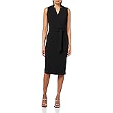 Calvin Klein Womens Sleeveless Stand Collar Tie Waist Crepe Midi Dress